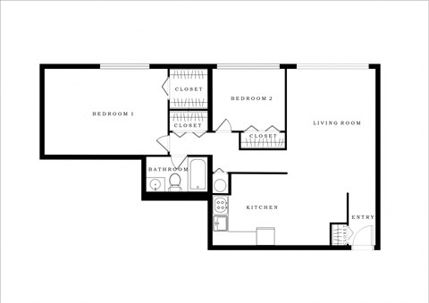 Floor plan for 2 beds, 1 bath, 1102 sqft